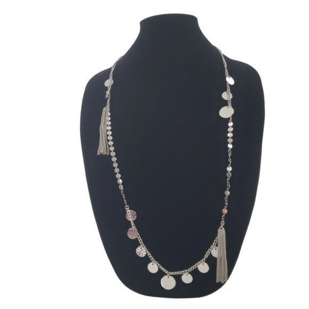 Chicos Tassel Necklace Charm Silver Tone long‎ Chai